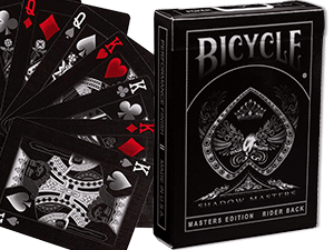 Ellusionist Bicycle Shadow Masters cards showing off their red and black color scheme as well as their tuck box