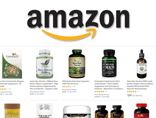 Amazon logo featuring maca products