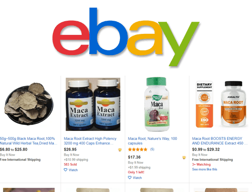 eBay logo featuring maca products